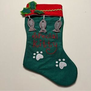 Cat Christmas Stocking “Special Kitty” 3 Fish Holly 2 Paw Prints Felt Approx 17”